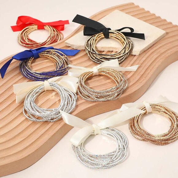 12PCS - Ribbon Slim Rhinestone Stretch Multi Layered Bracelet in Gold Topaz - Picture 2 of 2